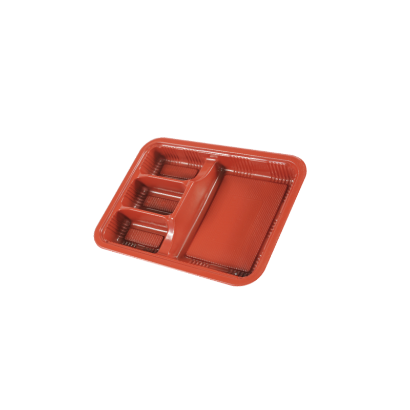 Red plastic bento box with black outer part on white background