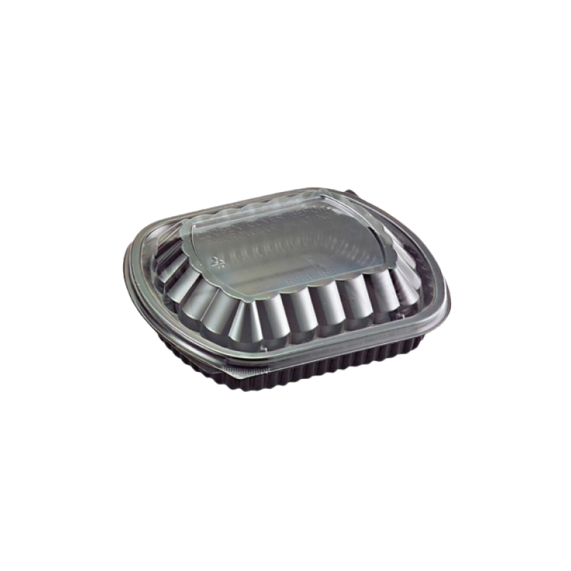Black plastic container tray with clear lid on a white background