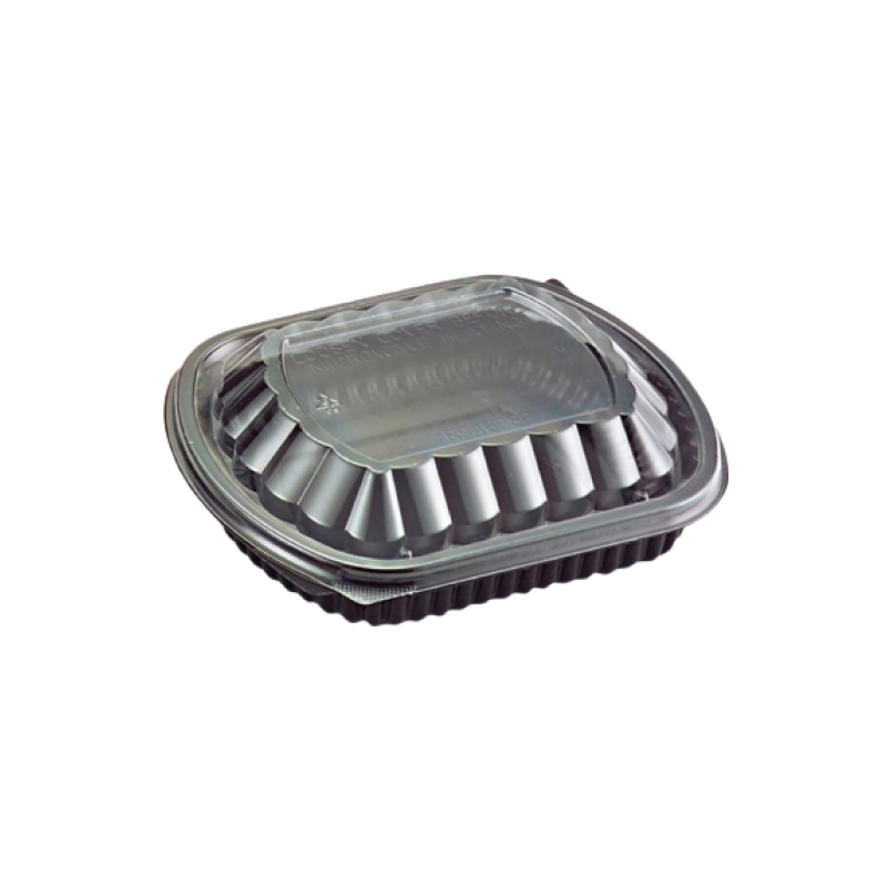 Black plastic container tray with clear lid on a white background