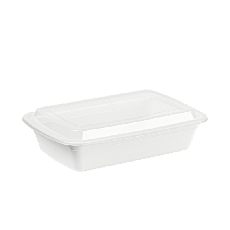 Mircrowavable white plastic container with a clear lid on a white background