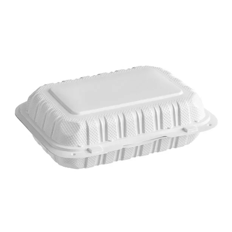 Mircrowavable white clamshell container on a white background