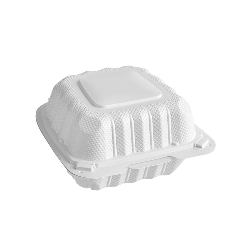 Mircrowavable white clamshell container on a white background