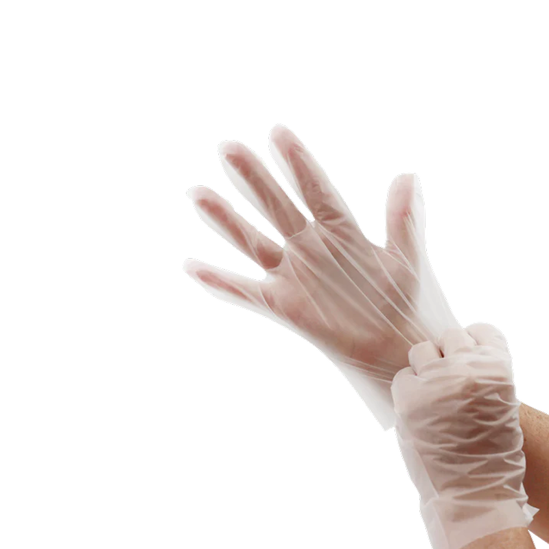 TPE clear plastic gloves on hand with white background