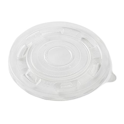 Clear plastic soup bowl lid on a white background