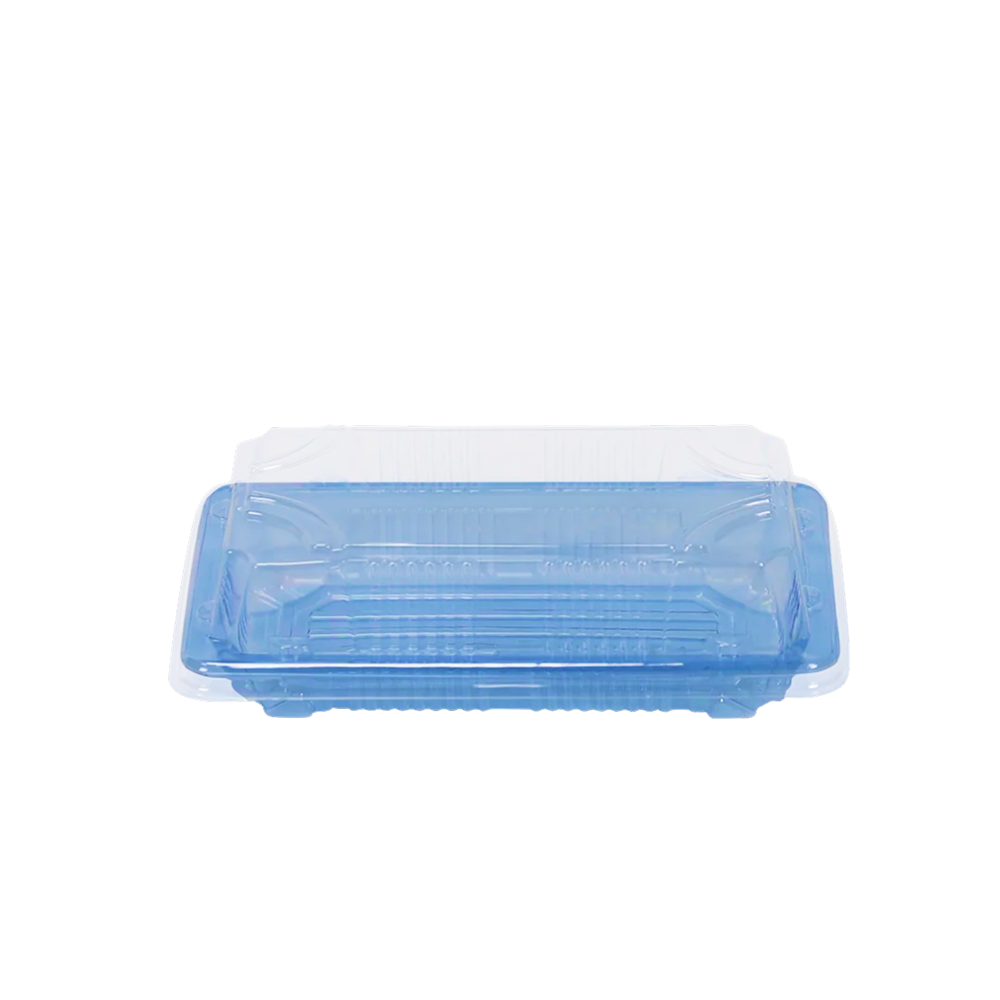 Blue plastic sushi tray with clear dome lid on a white background
