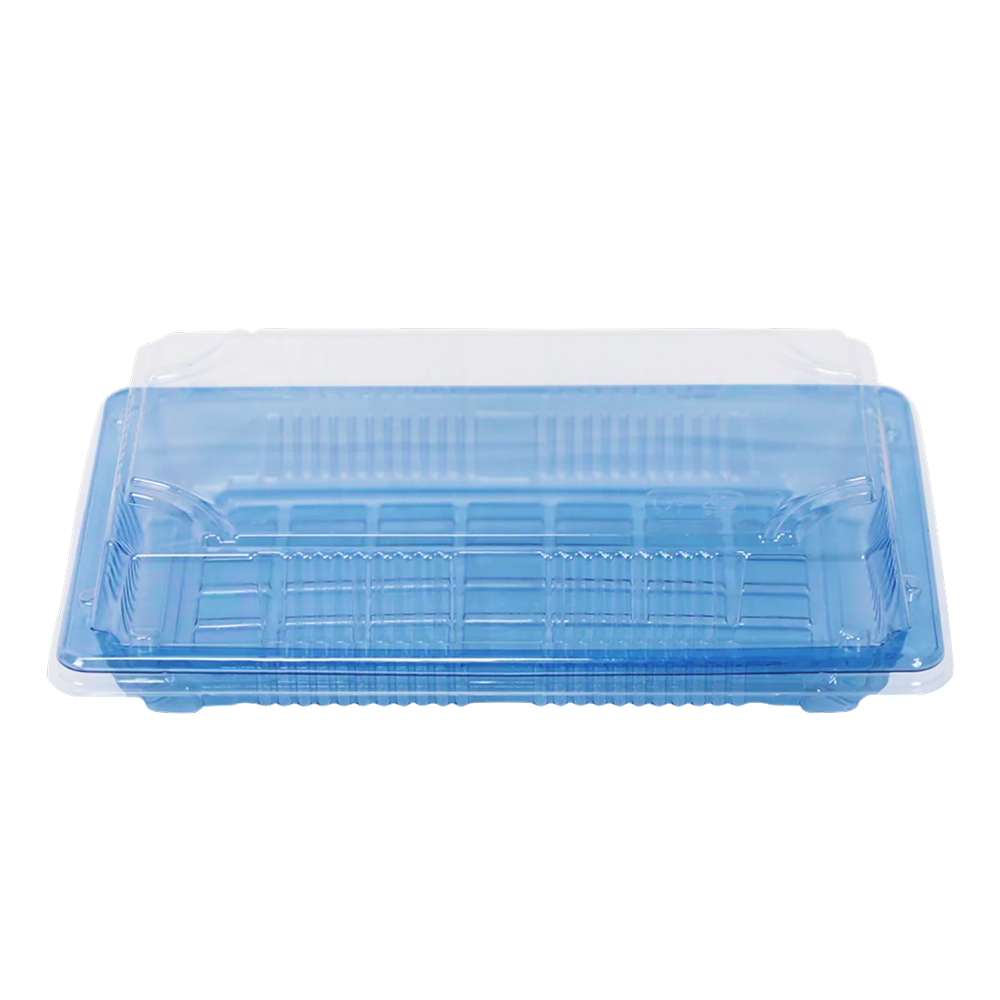 Blue plastic sushi tray with clear dome lid on a white background