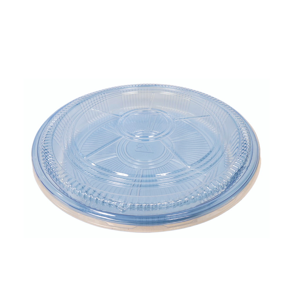 Blue plastic platter with clear lid on a white background