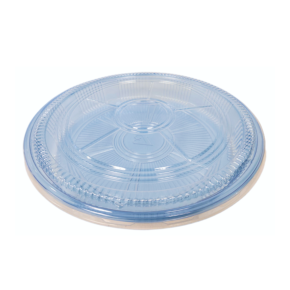 Blue plastic platter with clear lid on a white background