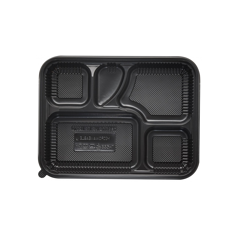 Black plastic food container with 5 compartments on a white background