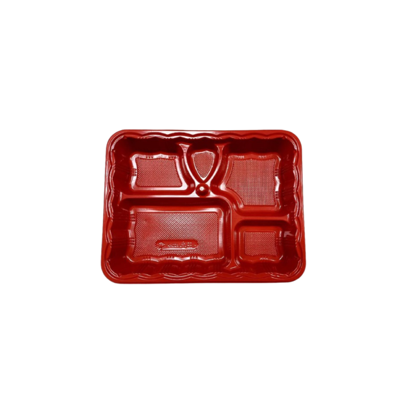 Red/black plastic bento tray with compartments on a white background