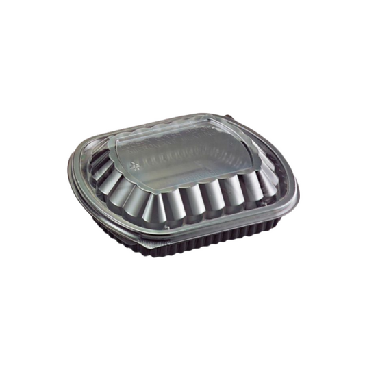 Black plastic container tray with clear lid on a white background