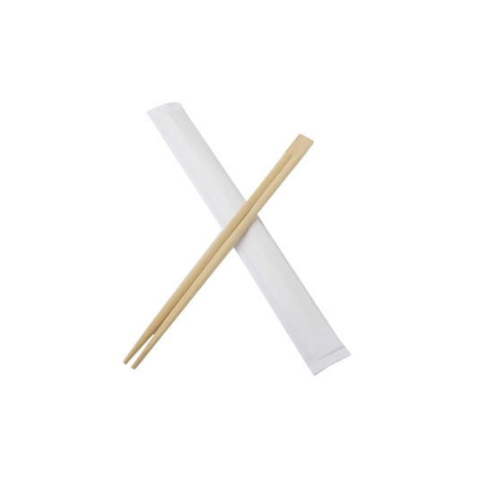 bamboo chopsticks with paper wrapper on a white background