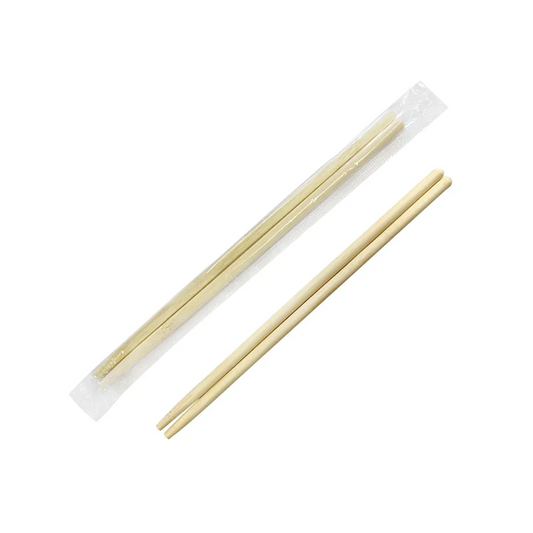 Bamboo chopsticks with plastic wrappers on a white background