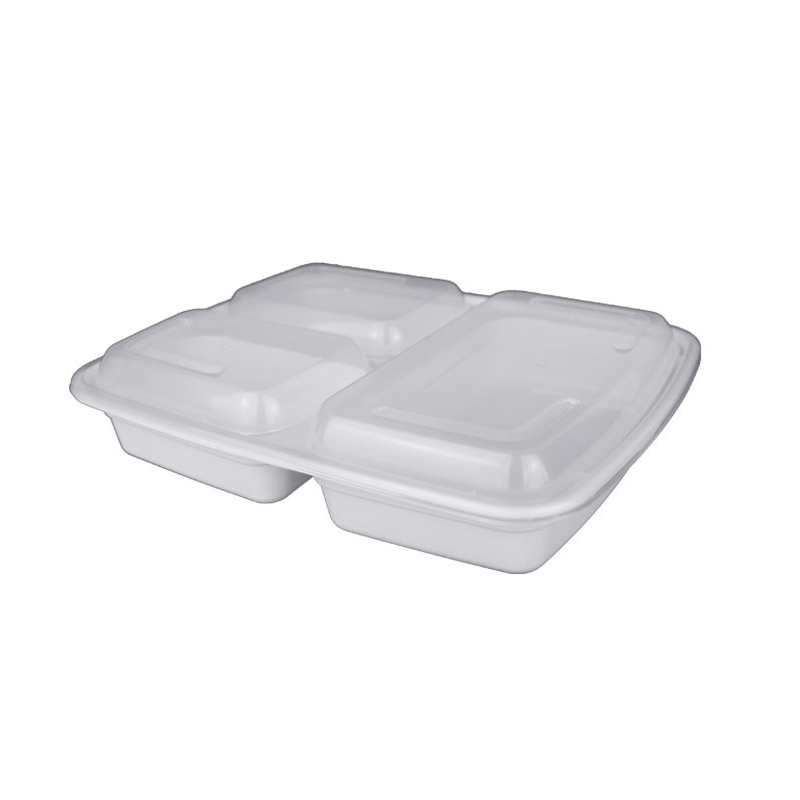 Mircrowavable white plastic container with a clear lid on a white background