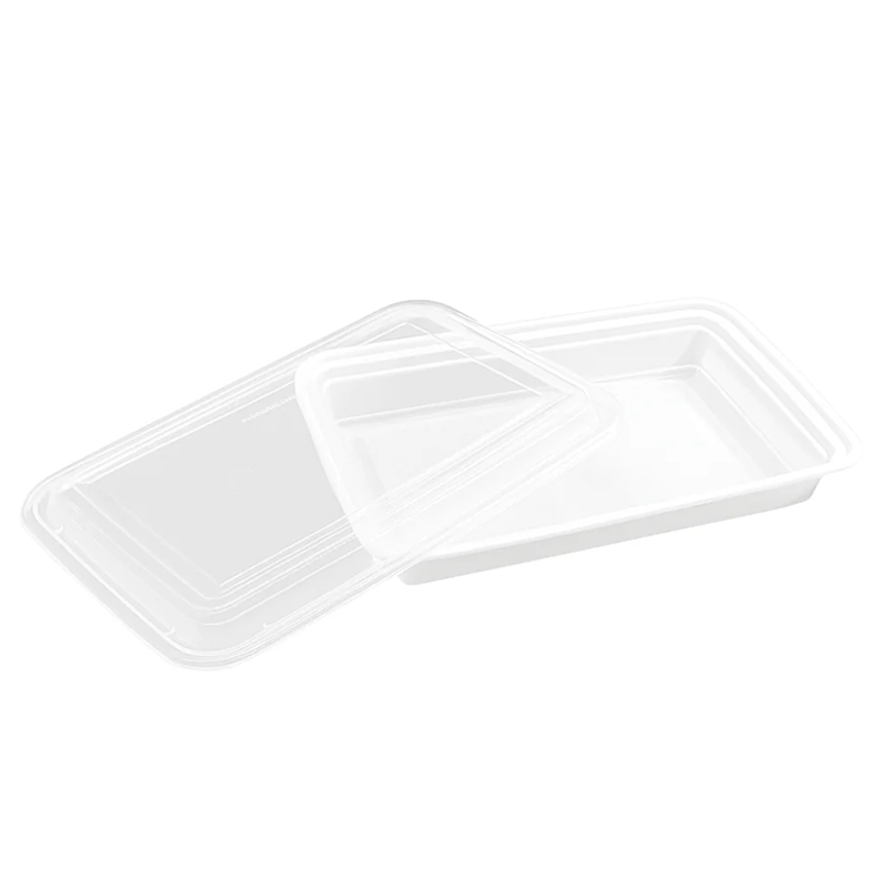 Mircrowavable white plastic container with a clear lid on a white background