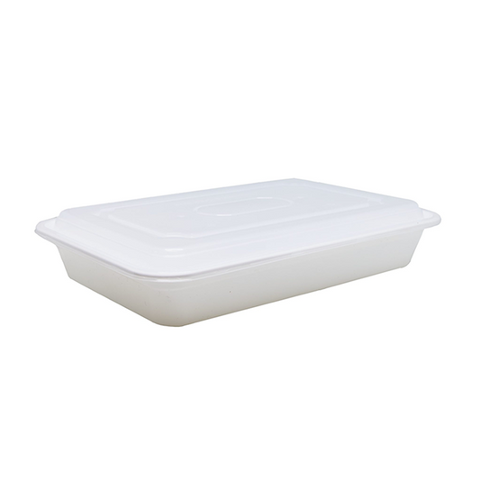 Mircrowavable white plastic container with a clear lid on a white background