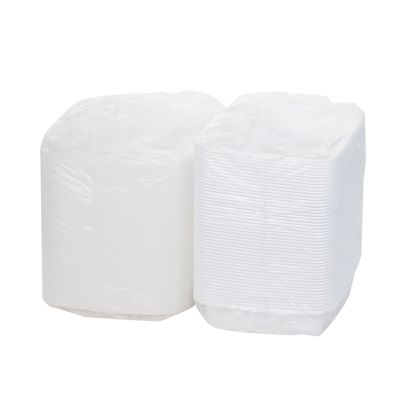 Mircrowavable white plastic container with a clear lid on a white background