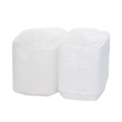 Mircrowavable white plastic container with a clear lid on a white background