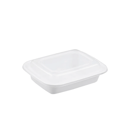 Mircrowavable white plastic container with a clear lid on a white background