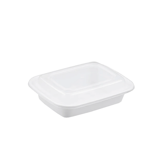 Mircrowavable white plastic container with a clear lid on a white background
