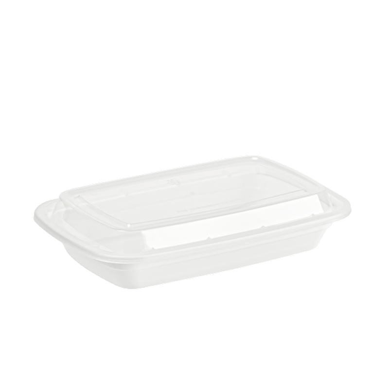 Mircrowavable white plastic container with a clear lid on a white background