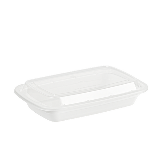 Mircrowavable white plastic container with a clear lid on a white background