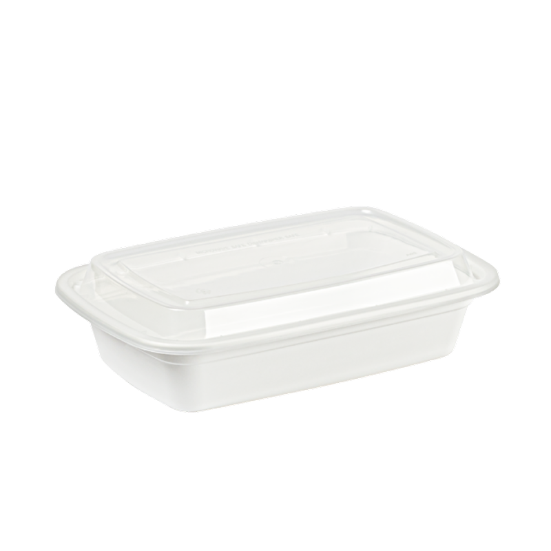 Mircrowavable white plastic container with a clear lid on a white background