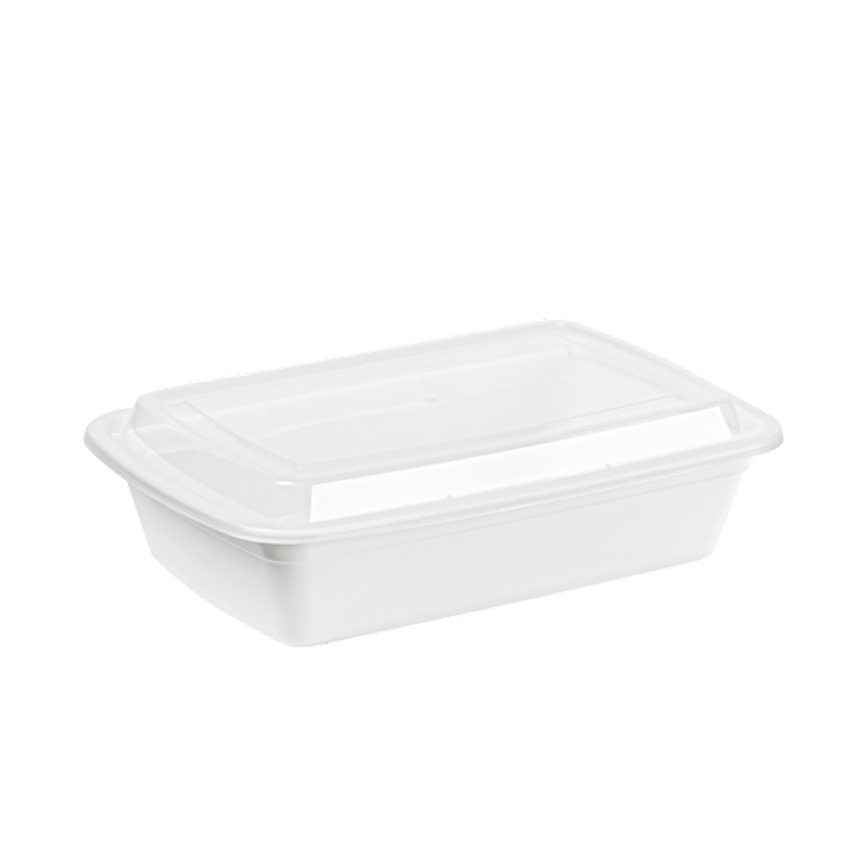 Mircrowavable white plastic container with a clear lid on a white background
