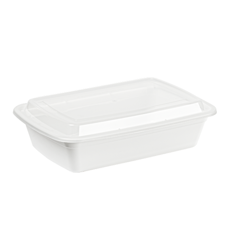 Mircrowavable white plastic container with a clear lid on a white background