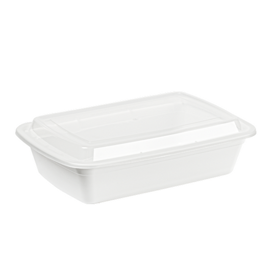 Mircrowavable white plastic container with a clear lid on a white background