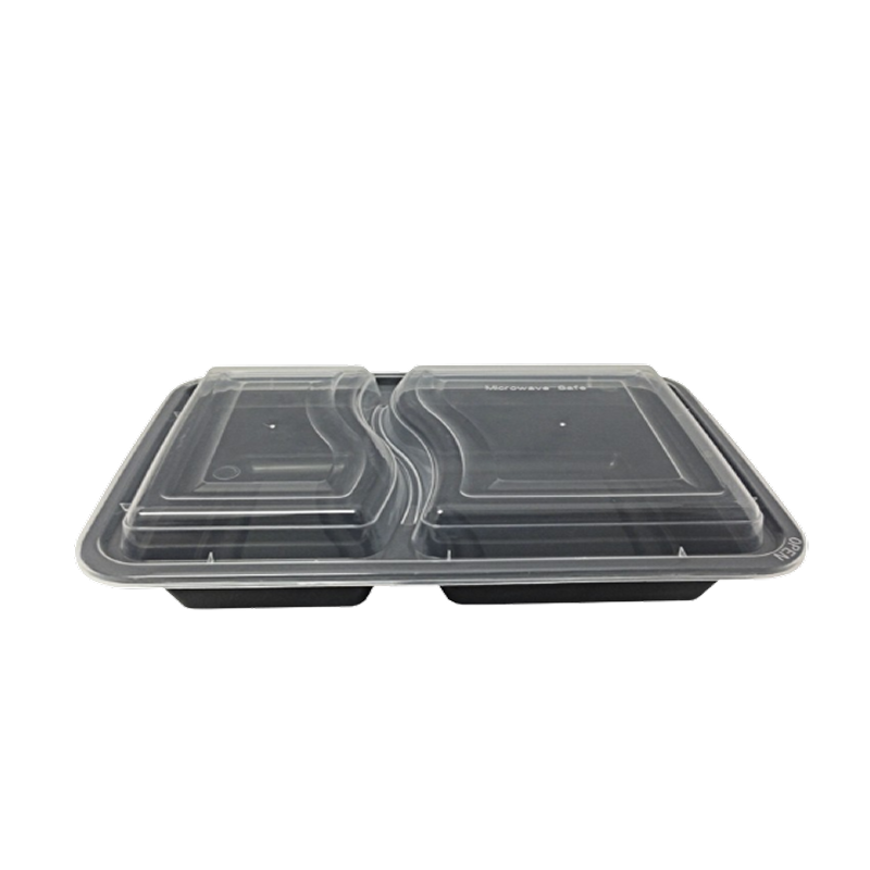 black rectangular plastic container with 2 compartment on a white background