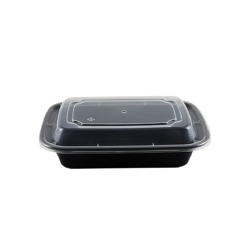 Rectangular black plastic container with clear lid on a white background