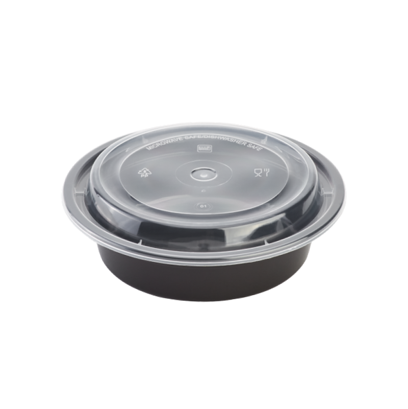 black plastic round container with clear lids on a white background