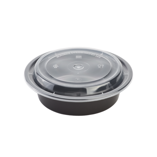 black plastic round container with clear lids on a white background