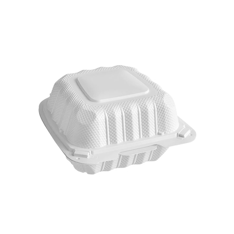 Mircrowavable white clamshell container on a white background
