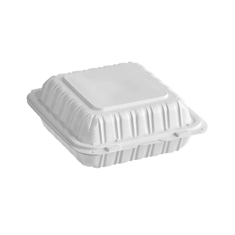 Mircrowavable white clamshell container on a white background