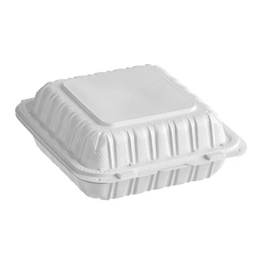 Mircrowavable white clamshell container on a white background