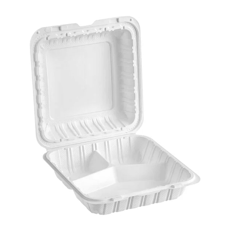 Mircrowavable white clamshell container on a white background