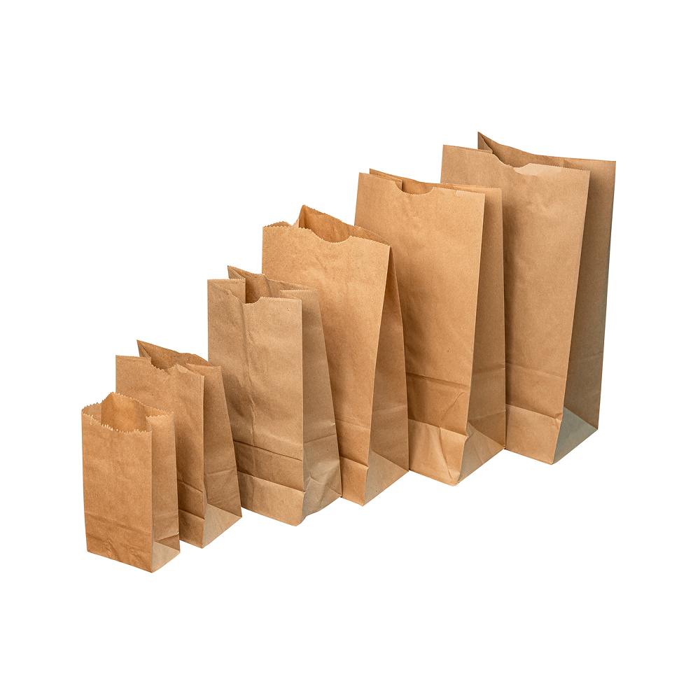 Varies size of kraft paper grocery bags on white background