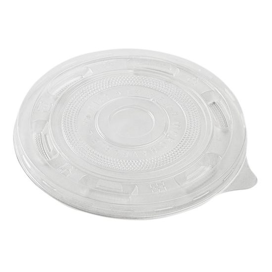 Clear plastic soup bowl lid on a white background