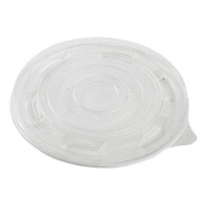 Clear plastic soup bowl lid on a white background