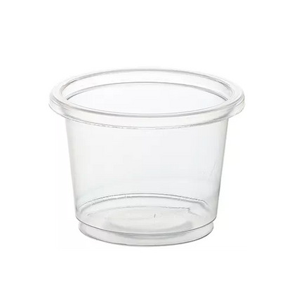 Clear plastic portion cup on a white background