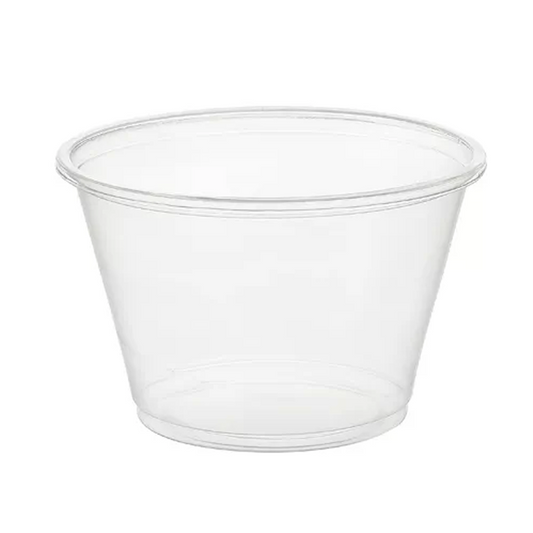 Clear plastic portion cup on a white background
