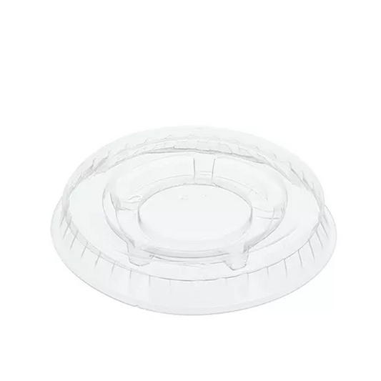 Clear plastic portion cup lid on a white background