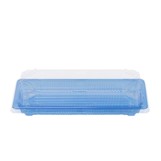 Blue plastic sushi tray with clear dome lid on a white background