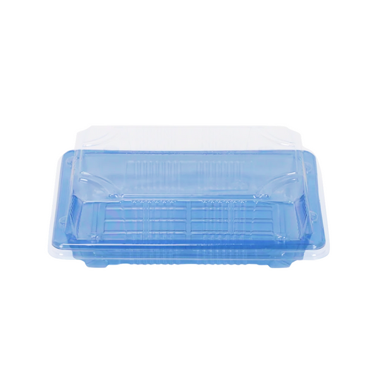 Blue plastic sushi tray with clear dome lid on a white background