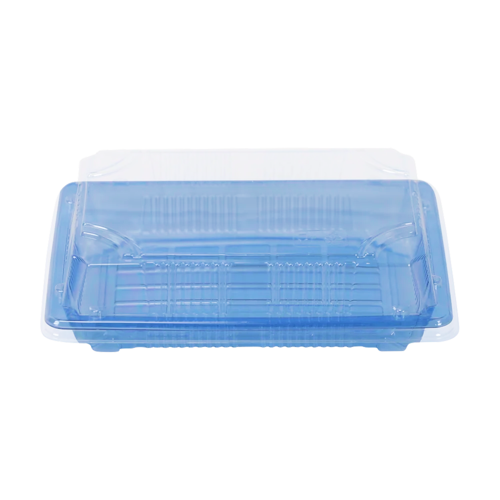Blue plastic sushi tray with clear dome lid on a white background