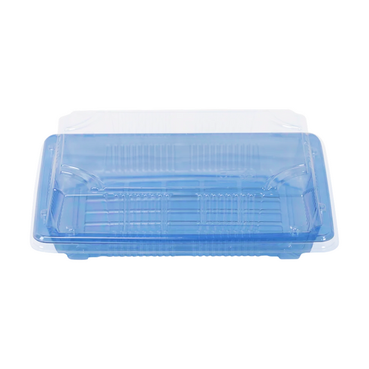 Blue plastic sushi tray with clear dome lid on a white background