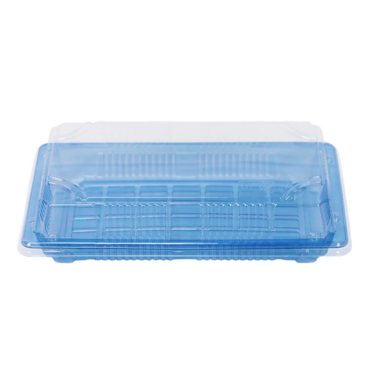 Blue plastic sushi tray with clear dome lid on a white background