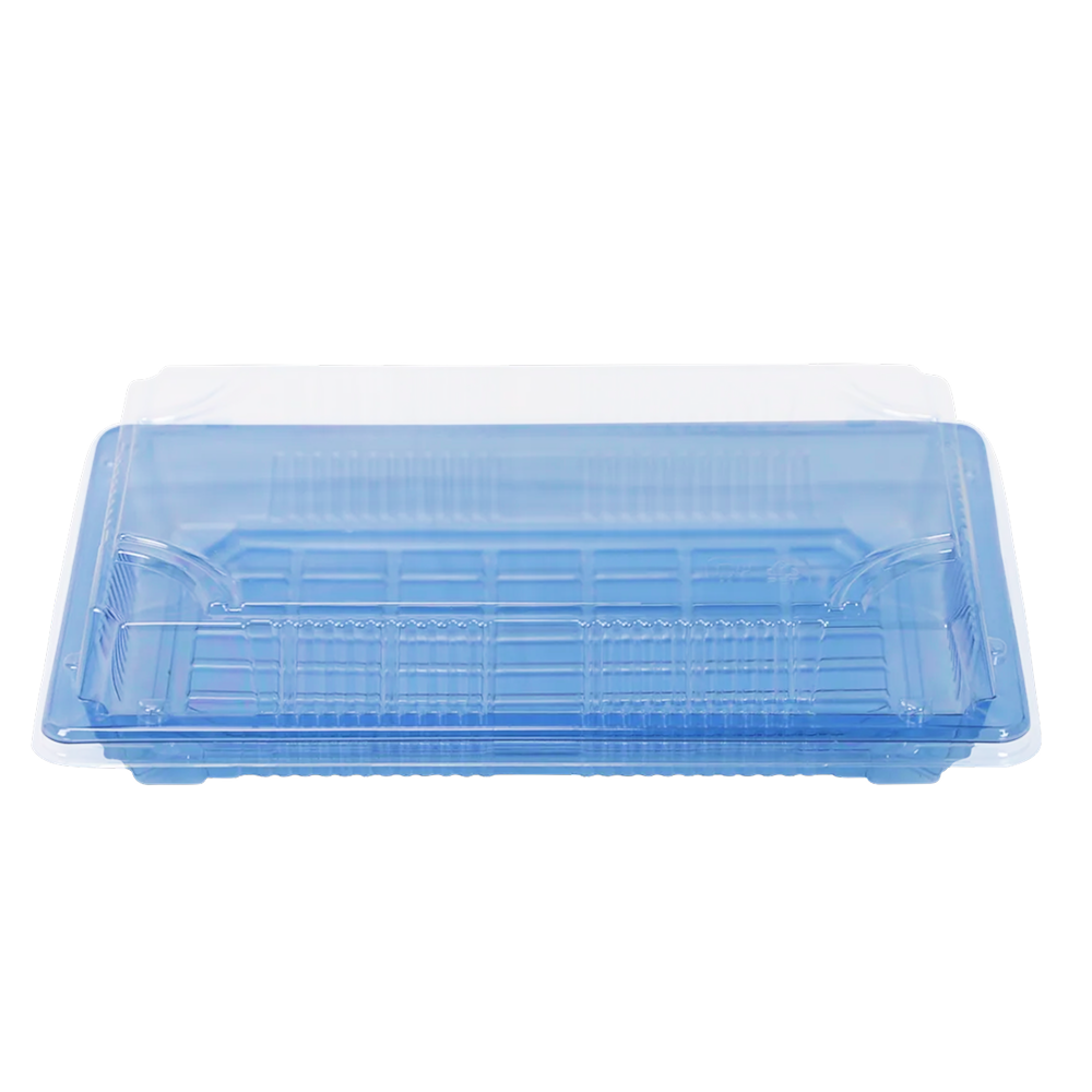 Blue plastic sushi tray with clear dome lid on a white background